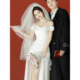 One-Word Shoulder Evening Dress Female Niche Light Luxury Banquet Temperament Graduate Adult Ceremony Certificate Registration Small White Dress Light Wedding Dress HZ0517