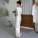Korean-Style Densat Light Wedding Temperament Bride Long Sleeves Of Small Simple White Dress Dress Certificate Daily Yarn HZ0517