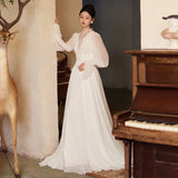 French Light Wedding Dress 2026 New Long-Sleeved Bride Super Fairy Morning Dress Go Out Yarn Temperament Small Tail Dress HZ0517