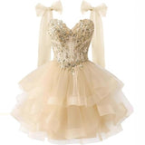 Layered Tulle Back To School Dress Sparkling Lace Decals Bow Strap Teen Short Prom Dress HZ0517