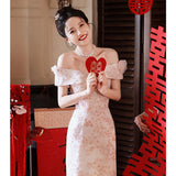 Pink One-Word Shoulder Toasting Dress Bridal Little Man Engagement Dress Dress 2026 New Wedding Thin Woman Summer HZ0517