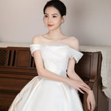 One-Word Shoulder Light Wedding Dress Fauct French Simple Small Tug-Tailed Thin 2026 New Brides Go Out Light Wedding Dress HZ0517