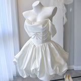 Sing Face Shoulder Light Wedding Dress French Short License Wedding Dress Birthday Party Sexy White Dress HZ0517