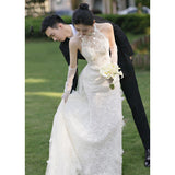 French Light Wedding Dress 2026 Bride's New Heavy Industry Lace Heben Style Banquet Hanging Neck Fishtail Evening Dress HZ0517
