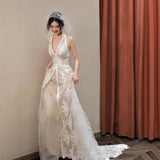 Bride Wedding Morning Robe Dinner Birthday Party Mori Super Fairy Lace Light Wedding Dress Hanging Neck Dress HZ0517