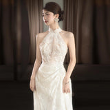 Hanging Neck Light Wedding Bridal Fishtail Lace Go Out White Retro French Welcome Evening Dress Temperament Evening Dress HZ0517