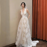 Bride Wedding Morning Robe Dinner Birthday Party Mori Super Fairy Lace Light Wedding Dress Hanging Neck Dress HZ0517