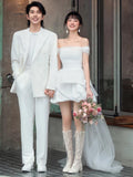 French Light Wedding Dress Bride High-End Feeld With The Density Certificate Registration Small White Dress A Word Shoulder Yarn Engagement Dress Woman HZ0517