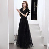 Black Evening Dress Long V-Neck Slim Thin French Light Luxury Small Dress Annual Art Exam Dress HZ0517