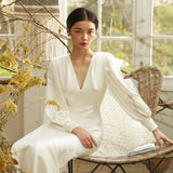 Sing Noodle Light Wedding Dress 2026 Spring New Bride With Simple Arm V Collar Fish Tail Yarn Long-Sleeved Dress Woman HZ0517