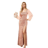 New Women's Sexy Double U-Neck Long Sleeve Shiny Evening Dress Chiffon Spliced High Open Wrinkles Long Skirt HZ0517