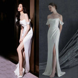 One-Word Shoulder Light Wedding Dress 2026 New French-Style Fasing Wedding Welcome To Go Out Yarn Simple White Evening Dress HZ0517