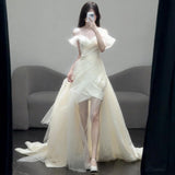 French One-Word Shoulder Light Wedding Dress Sen Series Simple Bride Small Drag Tail Show Wedding Wedding Wedding Dress HZ0517