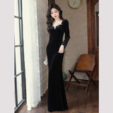 Black Velvet Evening Dress Woman 2026 New High-Level High-Level Banquet Temperament Famous Fishtail Skirt HZ0517