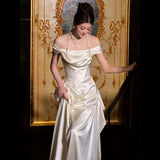 French Light Wedding Dress Bride Simple Word Shoulder Super Xiansen Denine Temperament Tailing Yarn HZ0517
