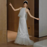New Chinese Bride Morning Robe Engagement Evening Dress Gentle Temperament Hanging Neck Dress Sen Series Super Fairy Travel Shot Light Wedding Dress HZ0517