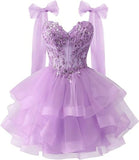 Layered Tulle Back To School Dress Sparkling Lace Decals Bow Strap Teen Short Prom Dress HZ0517