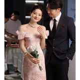 Pink One-Word Shoulder Toasting Dress Bridal Little Man Engagement Dress Dress 2026 New Wedding Thin Woman Summer HZ0517