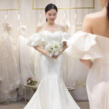 Korean-Style Vertiny Light Wedding Dress New Bridal Simple Body Elegant Waist Fishtail Shoulder Femininity Dress HZ0517