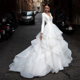 Hot Wedding Dress Long Sleeves Dragging High Waist Thin Wedding Dress French Yarn Main Yarn Depth V Sexy HZ0517