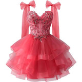Layered Tulle Back To School Dress Sparkling Lace Decals Bow Strap Teen Short Prom Dress HZ0517