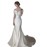 French-Style Densiness Light Wedding Dress 2026 Spring New Fishtail Go Out White Simple Sexy Shoulder Evening Dress HZ0517