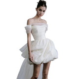 French Travel Photo Wedding Dress A Word Shoulder-Sand-Faced Bridal Short Certificate Registration Small White Dress Engagement Dress HZ0517