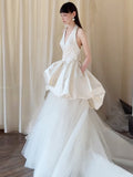 French White Sleeveless V-Necked Engagement Wedding Bride Light Wedding Dress Dress Dress With Morning Gown HZ0517