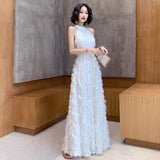 White Hanging Neck Dress Feather Design Temperament Banquet Birthday Fairy Dress Long Daily Dress HZ0517