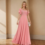2026 New Square Neck Short Sleeves With Bare Back Pink Evening Dress A Word Lychee Splicing Chiffon Valentine's Day Party Dress HZ0517