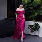French Rose Red Word Shoulder Back-Back Sedome Morning Robe Banquet Wedding Engaged Bride Toast Evening Dress Dress Dress Light Wedding Dress HZ0517