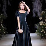 Velvet Evening Dress 2026 New Long-Term Feel Host Girl's Art Exam Banquet Temperament Short-Sleeved Dress HZ0517