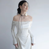 French Long-Sleeved Light Wedding Dress Bride Autumn And Winter Fasing Simple High-End Feeling Shoulder Yarn Engagement Dress HZ0517