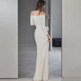 French Light Wedding Dress 2026 Spring New Bride Sexy Simple Door Yarn Shoulder-Singed Fishtail Dress HZ0517