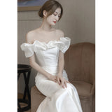 One-Word Shoulder French Light Wedding Dress Vertiny Simple 2026 New Fish Tail White Thin Welcome Tail Yarn HZ0517