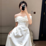 French-Style Sintered Light Wedding Dress With A Word Of The Bride's Engagement Certificate Registration Dress Simple Daily Bow Small White Dress HZ0517