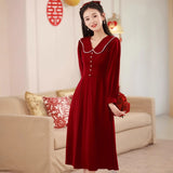 The Turn-Back Back Door Usually Can Wear A Toasting Dress Bride 2026 New Wine Red Long-Sleeved Engagement Dress Dress Woman HZ0517