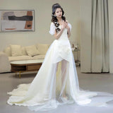 French One-Word Shoulder Light Wedding Dress Sen Series Simple Bride Small Drag Tail Show Wedding Wedding Wedding Dress HZ0517