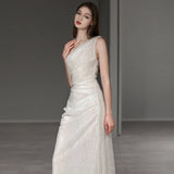 French Light Wedding Dress New Sen System Super Fairy Fine Flash Bride Wedding Yarn Temperament Sexy Bare Back Fishtail Dress HZ0517