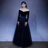 Evening Dress Black Shoulder Atmospheric Host Music Student Ceremony Banquet Punt Skirt HZ0517