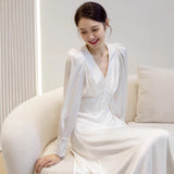French Light Wedding Long-Sleeved V-Neck Simple Travel Shot White Thin Korean Bride Morning Pat Welcome Yarn Lace Dress HZ0517