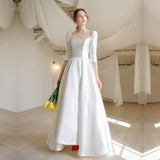 Simple Retro Dingy Wedding Dress 2026 Spring New Long-Sleeved Square Collared Densified Noodles Go Out Light Wedding Dress HZ0517