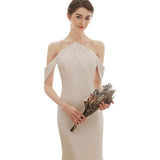 Light Wedding Dress 2026 New Simple White Dingy French Hanging Neck Fish Tail Shooting Yarn HZ0517