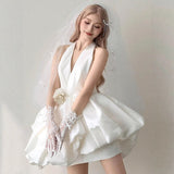 French Hanging Neck Light Wedding Dress 2026 New White Simple Set Of Face Bride Wedding Short Birthday Sexy Dress HZ0517