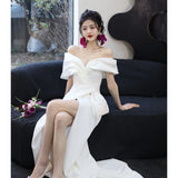 One-Word Shoulder-Sense Lint-Light Wedding Dress French High-Sensing White Temperament Fishtail Skirt Linen Welcome To Shoot Out Light Yarn HZ0517