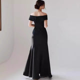 Light Wedding Dress Sen Family Travel Simple 2025 New Bride Wedding Super Fairy Shoulder Black Thin Fishtail Dress HZ0517