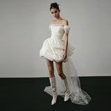 French Word Shoulder Light Wedding Dress New Denswear Certificate Registration Niche White Short Engagement Small Dress HZ0517