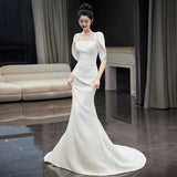 Fish-Tailed Linden Noodles Simple Korean Sen Super Fairy Engagement Dress White Square Collar Out Yarn Coated Arms HZ0517