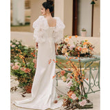 French Light Wedding Dress Lint Temperament Shoulder Yarn Small Tail Smear Bride Welcome Evening Dress White HZ0517