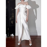 French-Style Seduced Light Wedding Dress Bride Greets A Word Shoulder White Engagement Dress Small Man Temperament Simple Out Of The Yarn HZ0517